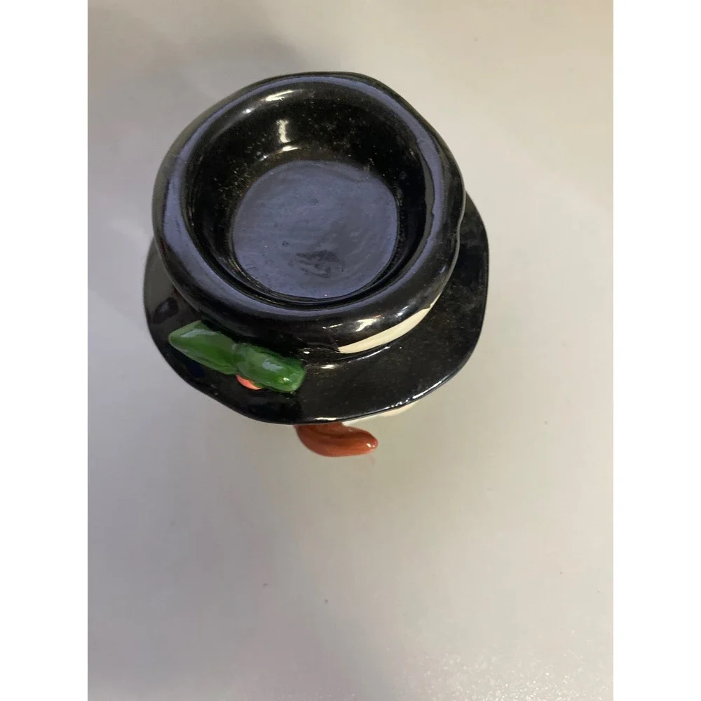 Ceramic Snowman Head‎ Tealight Candle Holder Black Top Hat Green Leaves